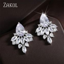 ZAKOL Classic White Irregular Cubic Zircon Stud Earrings for Women Exquisite Bridal Wedding Jewelry