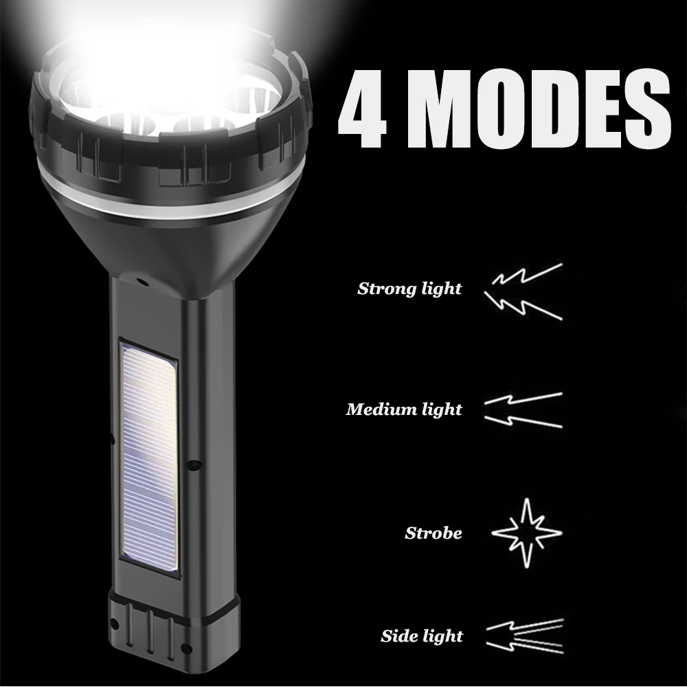 Powerful Solar Charging Flashlight Multifunctional Outdoor Long Range Flashlights USB Rechargeable Flashlight Waterproof Torch