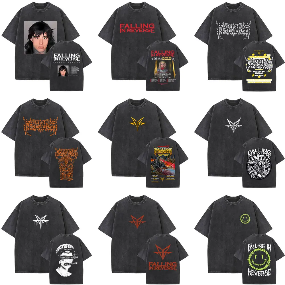 

Washed Vintage Rock Band Falling in Reverse Graphic T-shirt Men Women Fashion Oversized T Shirts Men's Casual Cotton Retro Tees