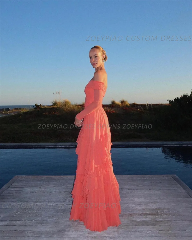 Pink Long Sleeves Chiffon Women Evening Dresses Pleated Tiered Floor Length Formal Prom Dress A Line Elegant Party Gowns