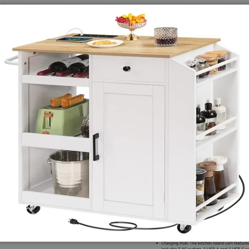 Rolling Kitchen Island Cart Power Outlet Storage Drawers Spice Rack Towel Rack Wine Rack Wheels Trolley Cart Tea Trolley Trolley