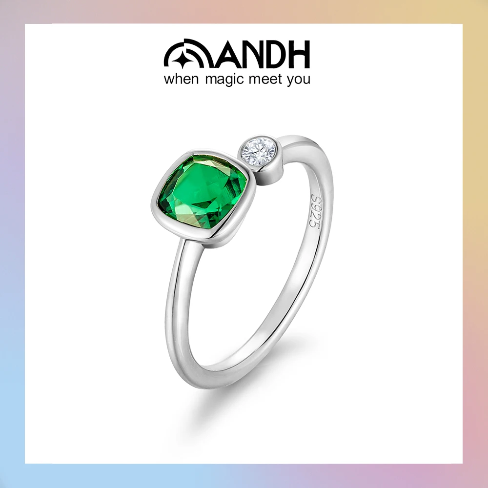 

ANDH Lab-Grown Emerald Adjustable Ring for Women 925 Sterling Silver Moissanite Rings Daily Wear Party Jewelry Anniversary Gift
