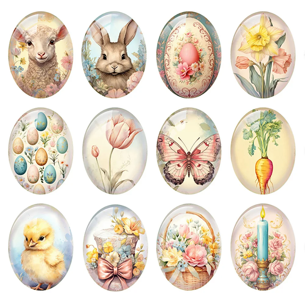 

Random Mixed Round/Oval/Square Easter Bunny Flower Lamb Egg Photo Glass Cabochon Flatback Demo Cameo For Diy Jewelry Making
