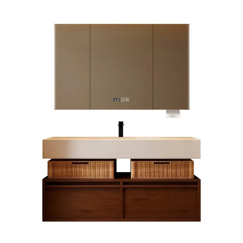 bending integrated basin double wall bathroom cabinet walnut new Chinese sink washbasin cabinet combination mirror cabinet