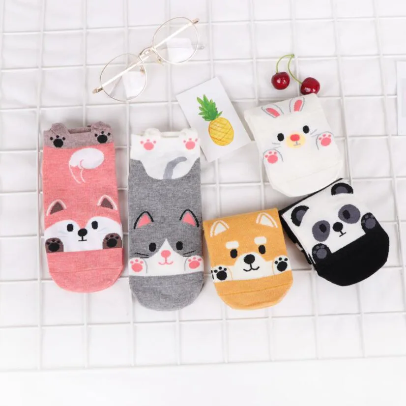 MYORED 5 double spring summer female boat socks socks Stereoeared animal rabbit cat Bear Japanese cute wind