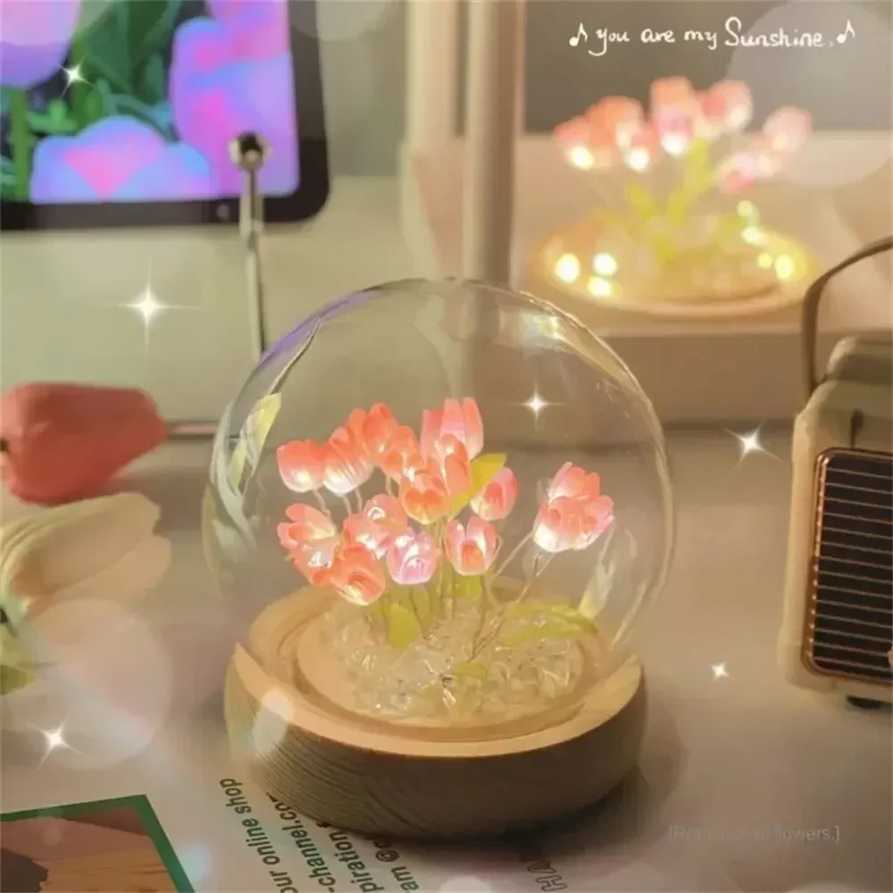 Handmade DIY Artificial Tulip Flowers Night Light Bedside Lamp LED Night Lamp Home Room Bedroom Decor Birthday Mother\'s Day Gift