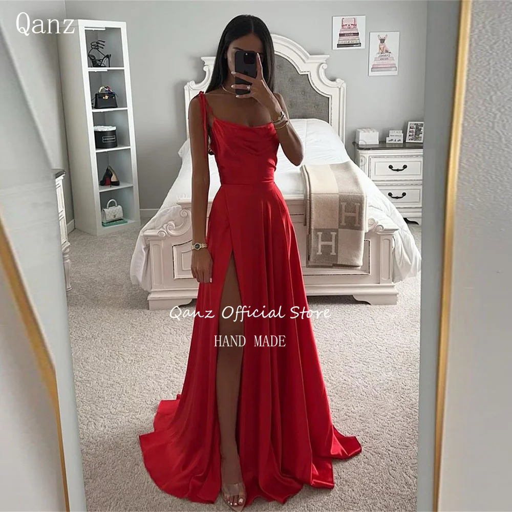 

Qanz Simple Red Prom Dresses Spaghetti Straps Satin Long A Line Robes De Soirée High Slit Floor Length Party Dress Women Elegant