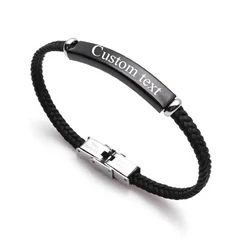 Pulsera de cuero fino con texto personalizado para hombre y mujer, brazalete de acero inoxidable con grabado de logotipo y nombre, Punk SOS