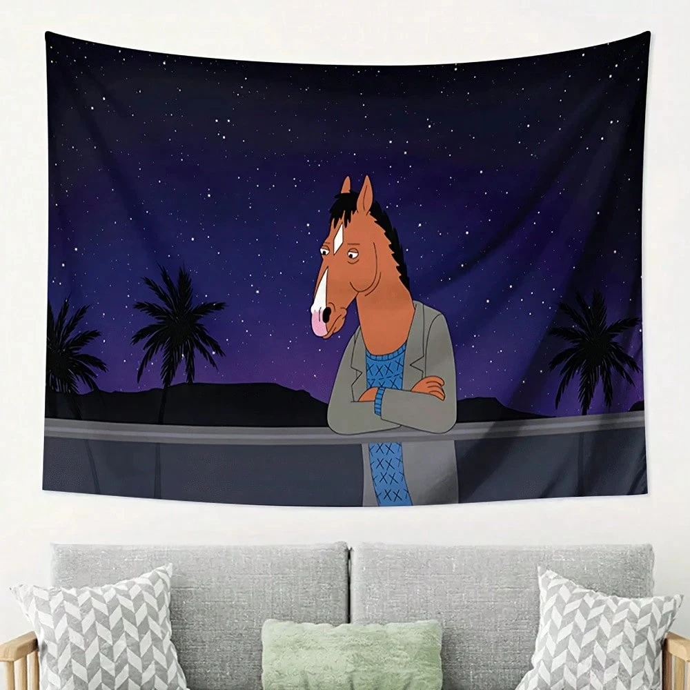 1pc BoJack Horseman Starry Night Polyester Tapestry 2D Flat Wall Decor for Bedroom Living Room - Anime Fan Home Gift