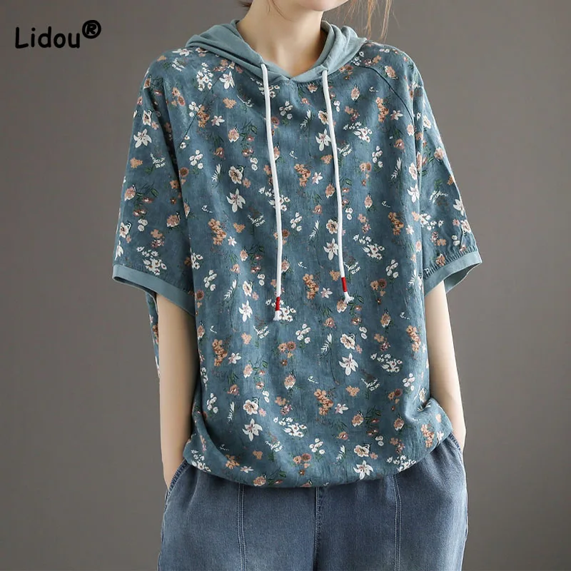 

Vintage Female Floral Hooded Short Sleeve T-shirt Summer Women's Clothing Fashion Thin All-match Printed Spliced Loose Tops