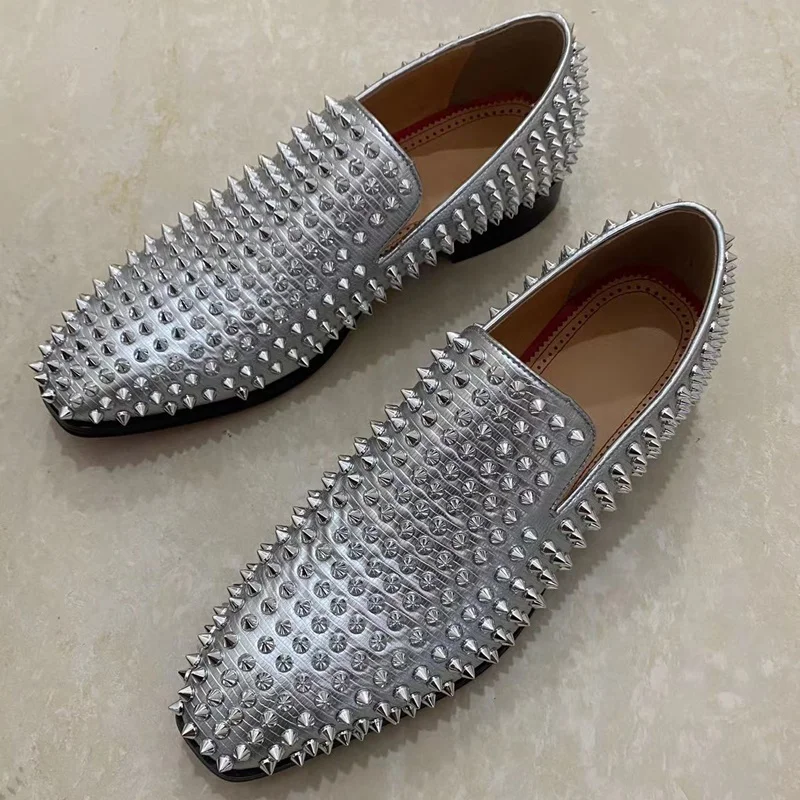 

LOUBUTEN Silver Rivet Loafers Genuine Leather Men Spike Shoes Luxury Slip On Dress Shoes Men's Flats Party And Wedding Shoes