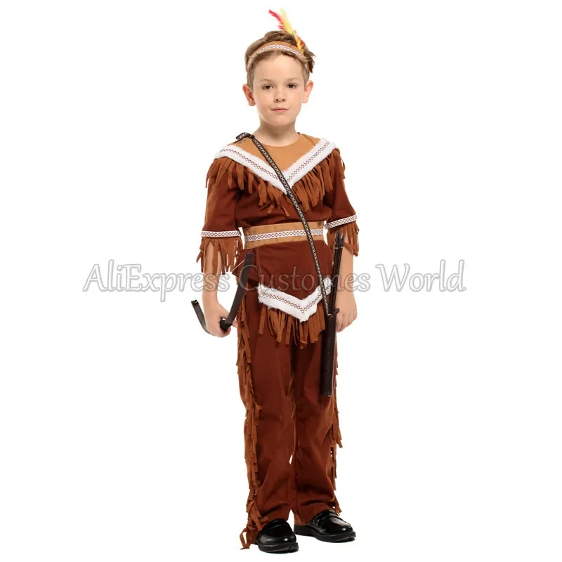 HN8 Halloween Cosplay Costumes Kids Indian Princess Native Archer Huntress Chief Costume Girls Boys Purim Mardi Gras Cosplay8…Gf