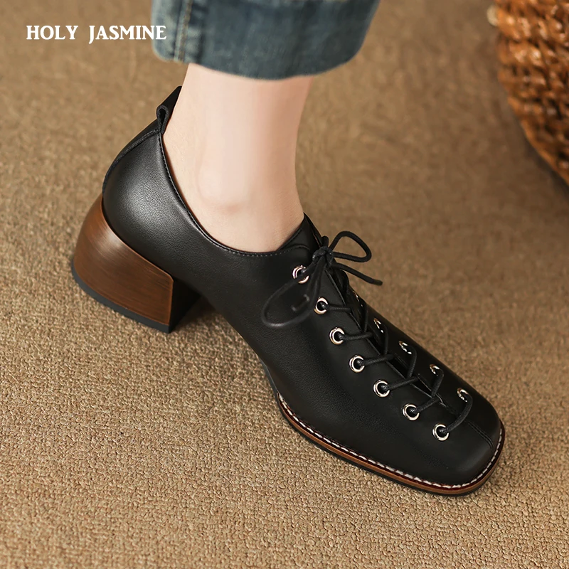 

Fashion High Heel Square Toe Women Pumps Genuine Leather Concise Office Ladies Casual Lace-Up Shoes Woman 2023 Spring Summer