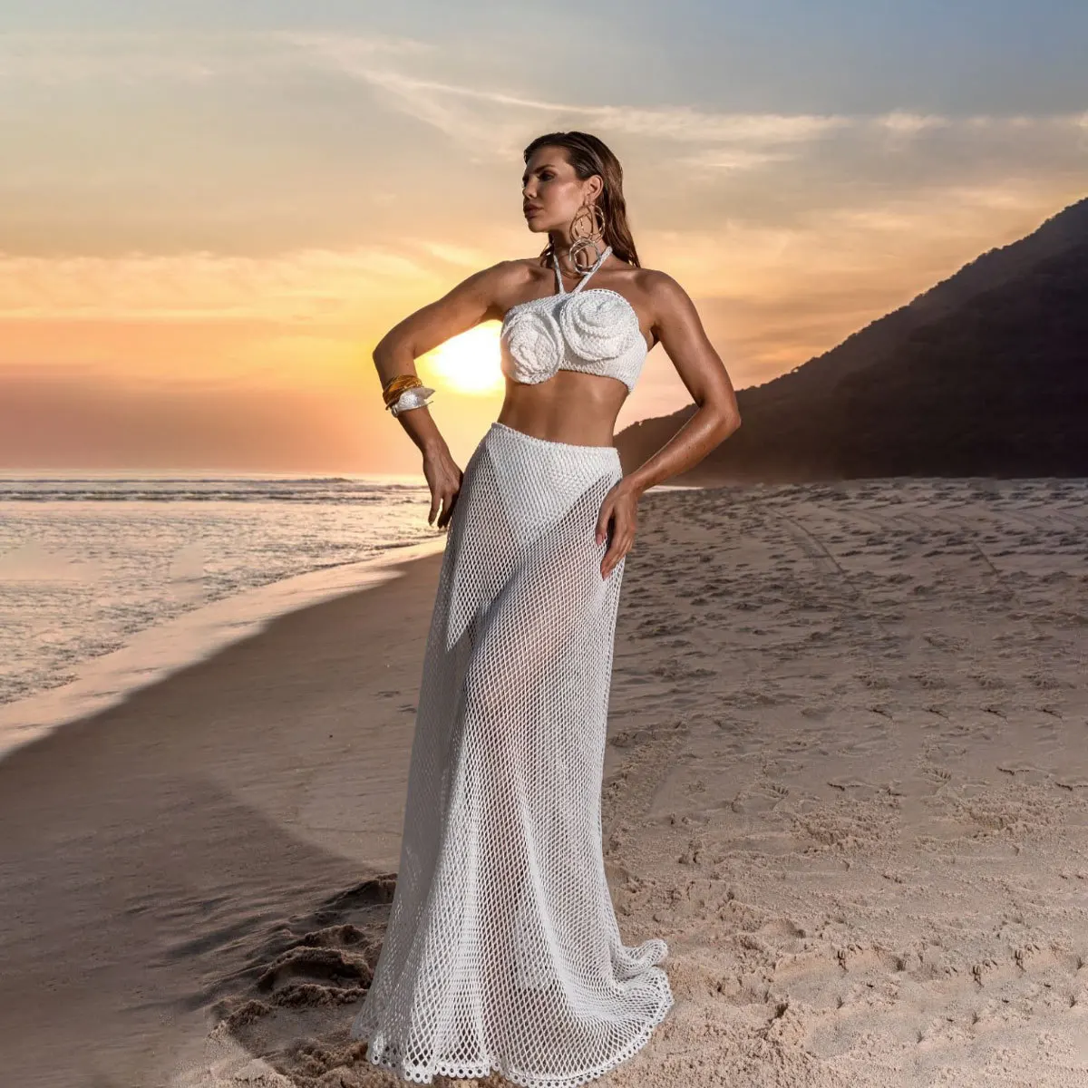 

Sexy Flower Knitted Bikini With Skirt 3Pcs Set Women Swimsuits Fashion High Waist Biquini Lady Swimwear Outfits Dress Clothing