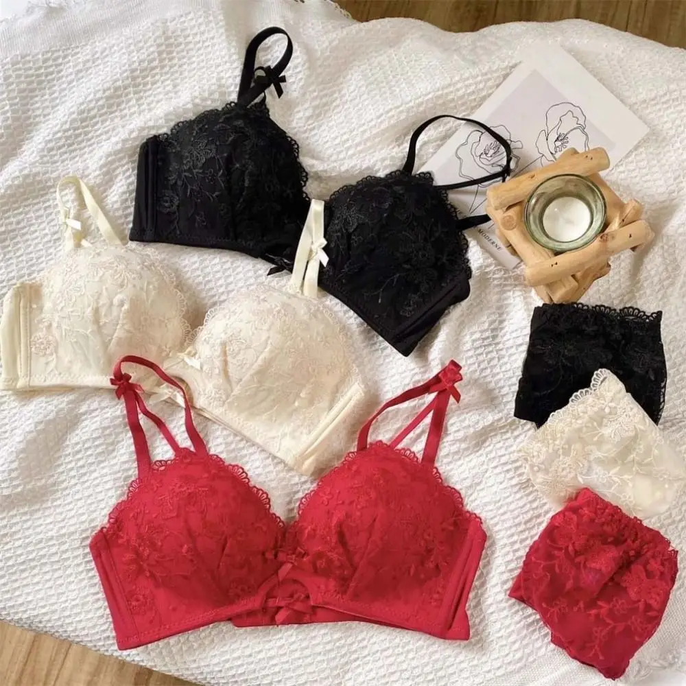 Süßer, atmungsaktiver Spitzen-Blumen-BH, dünner, verstellbarer Push-Up-BH, Dessous, Schleife, tiefer V-BH, Geschenke