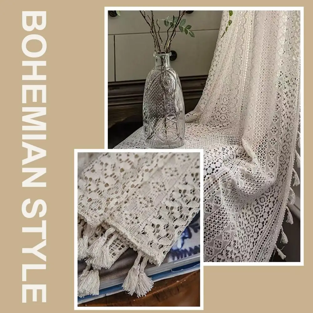 Boho Tassel Crochet Curtains for Living Room,Vintage Rod Pocket Curtains Geometry Striped Knitted Lace Light Filtering Curtains