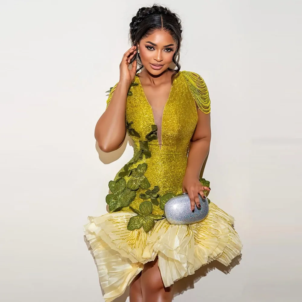 

Зеленые платья для выпускного вечера Aso Ebi с бусинами и кисточками, драпированные асимметричные вечерние платья для девочек, сексуальные платья на день рождения