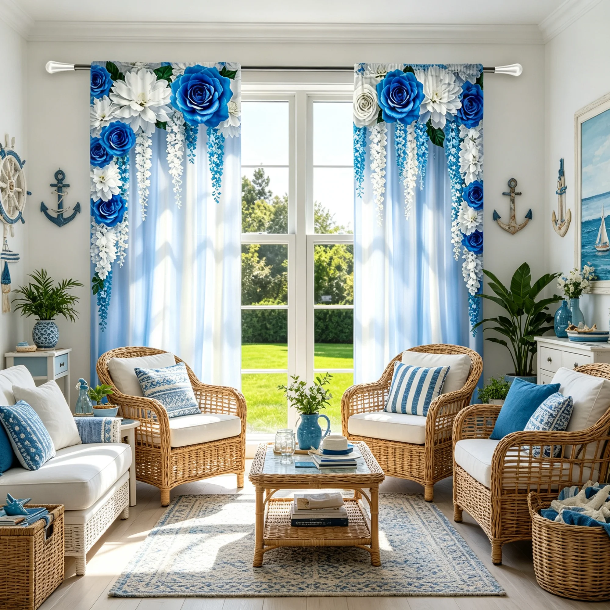 2D Flat 2Pcs curtains blue and white floral decoration, semi transparent, pole through, suitable for Western weddings, Valentine