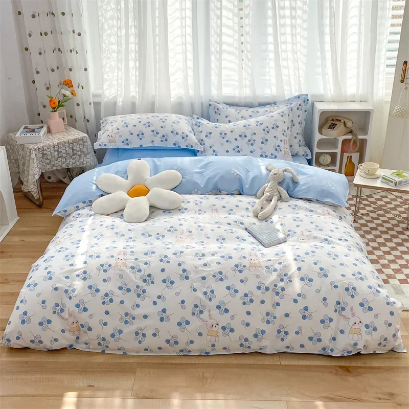 High Quality Cotton Bedding Set, 1 Duvet Cover, 2 Pillowcases, Cartoon Sky Blue Flower Pattern Design, 16 Sizes,Customizable