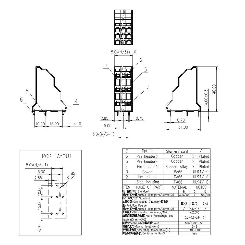 736 Double spring 5.0mm pin length PCB terminal BLOCK 2-24P DG245H3 KFM736