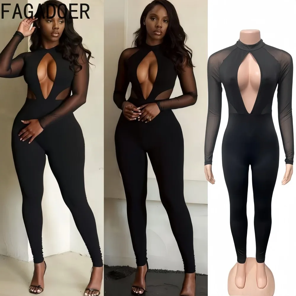 

FAGADOER Sexy Mesh Hollow-out Bodycon Jumpsuits Women Solid Color See Through Long Sleeves Rompers Female Streetwear Overalls