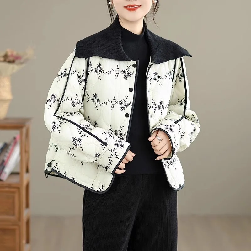 2025 الشتاء الرجعية الأزهار متماسكة التلبيب سترة قطن فضفاضة للنساء ملابس خارجية دافئة غير رسمية معطف قمة الموضة الأنيقة W1608 #5