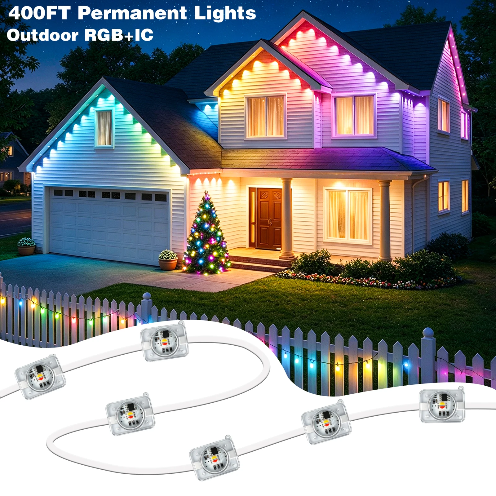 Permanent Outdoor Lights 400FT RGBIC,IP67 Waterproof Eaves Lights with App & Remote, Music Sync, 5000+ Scenes, MyDIY Timer, Easy Install for Patio, Roof, Garden, Deck, Fence Holiday Decor