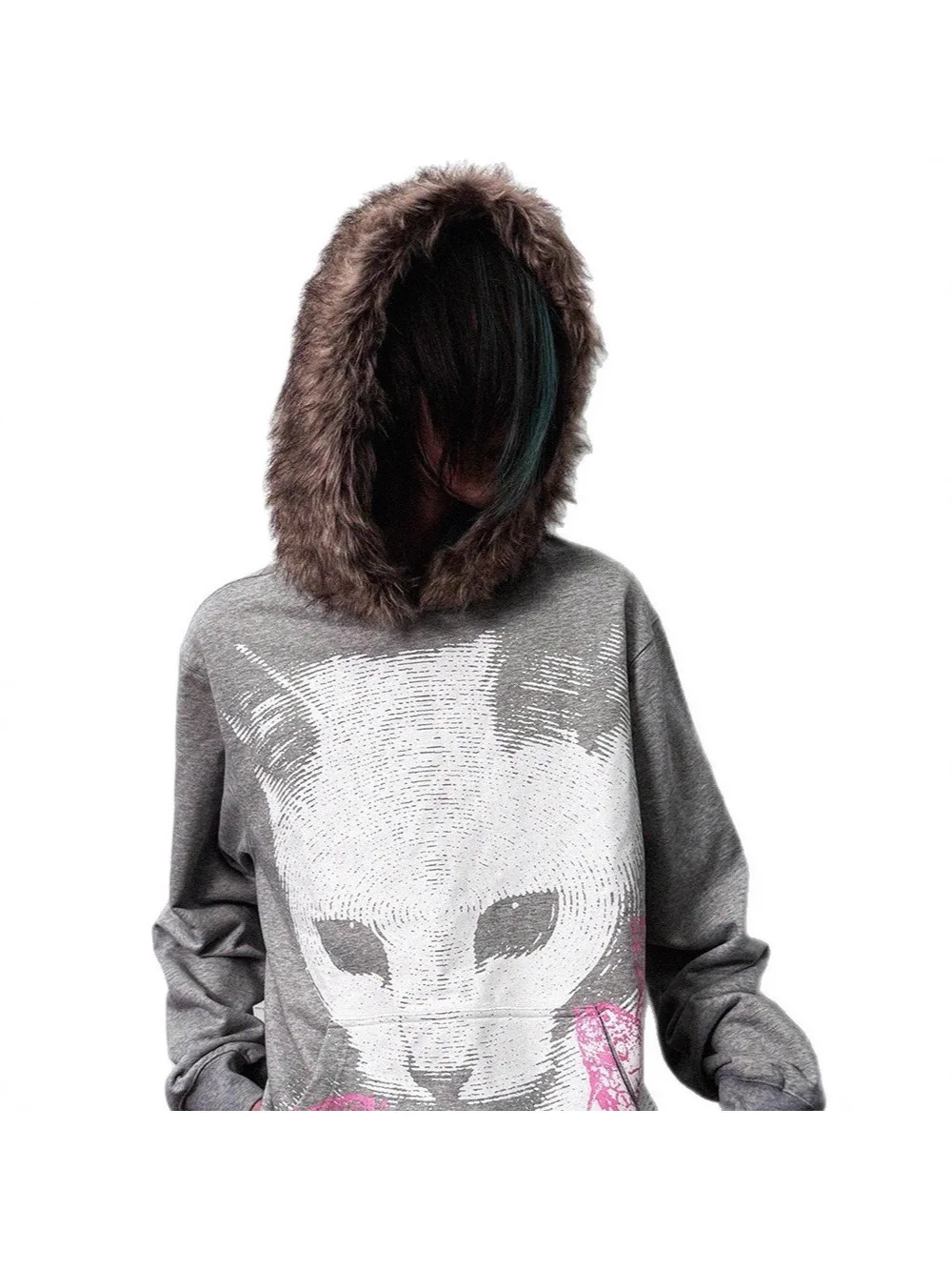 

autumn and winter street fashion brand American retro cat print fur hooded sweatshirt pullover jacket ins personality versatile