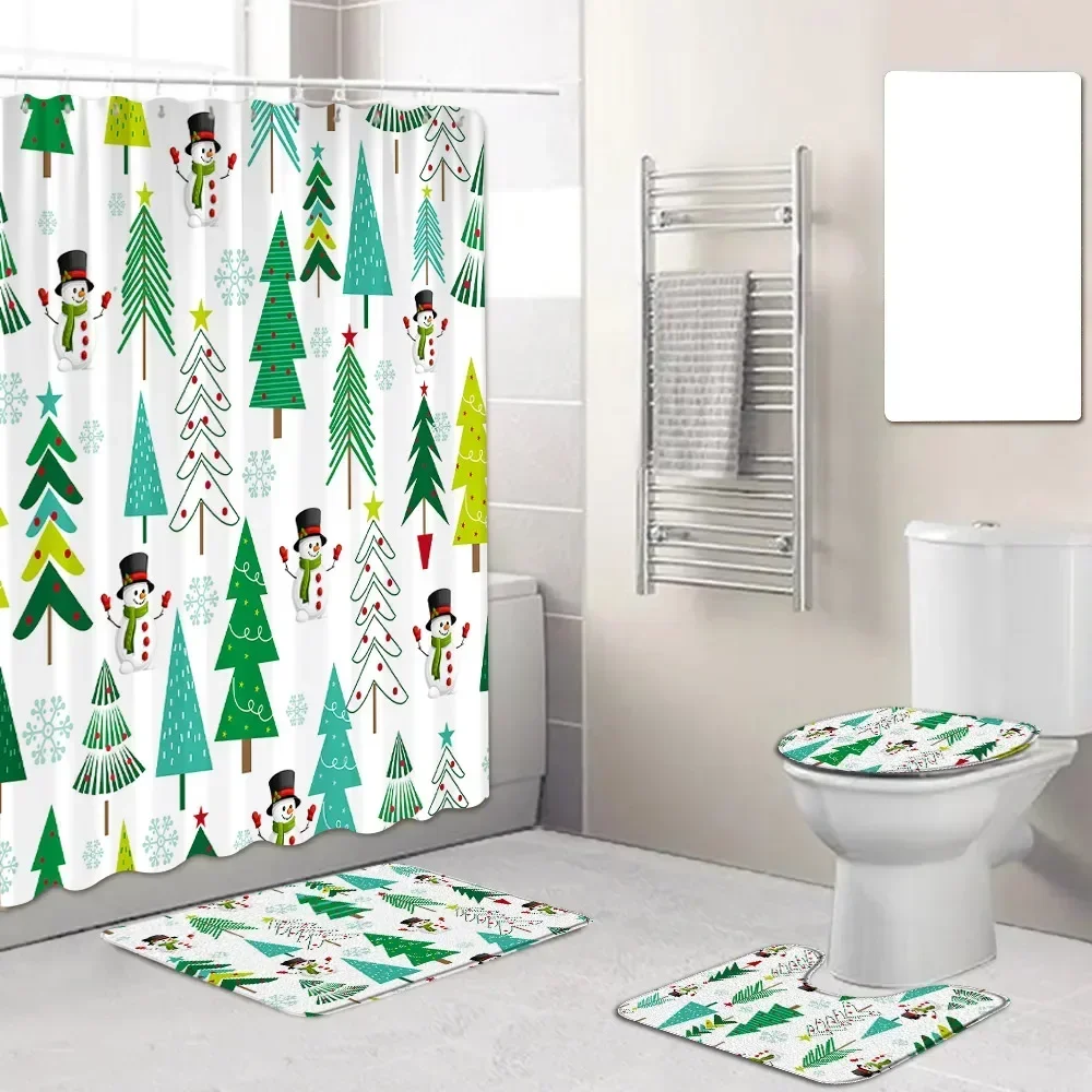 Christmas Shower Curtains Set Cartoon Snowman Xmas Tree Snowflake Child New Year Bathroom Decor Bath Mat Non-slip Rug Toilet Lid