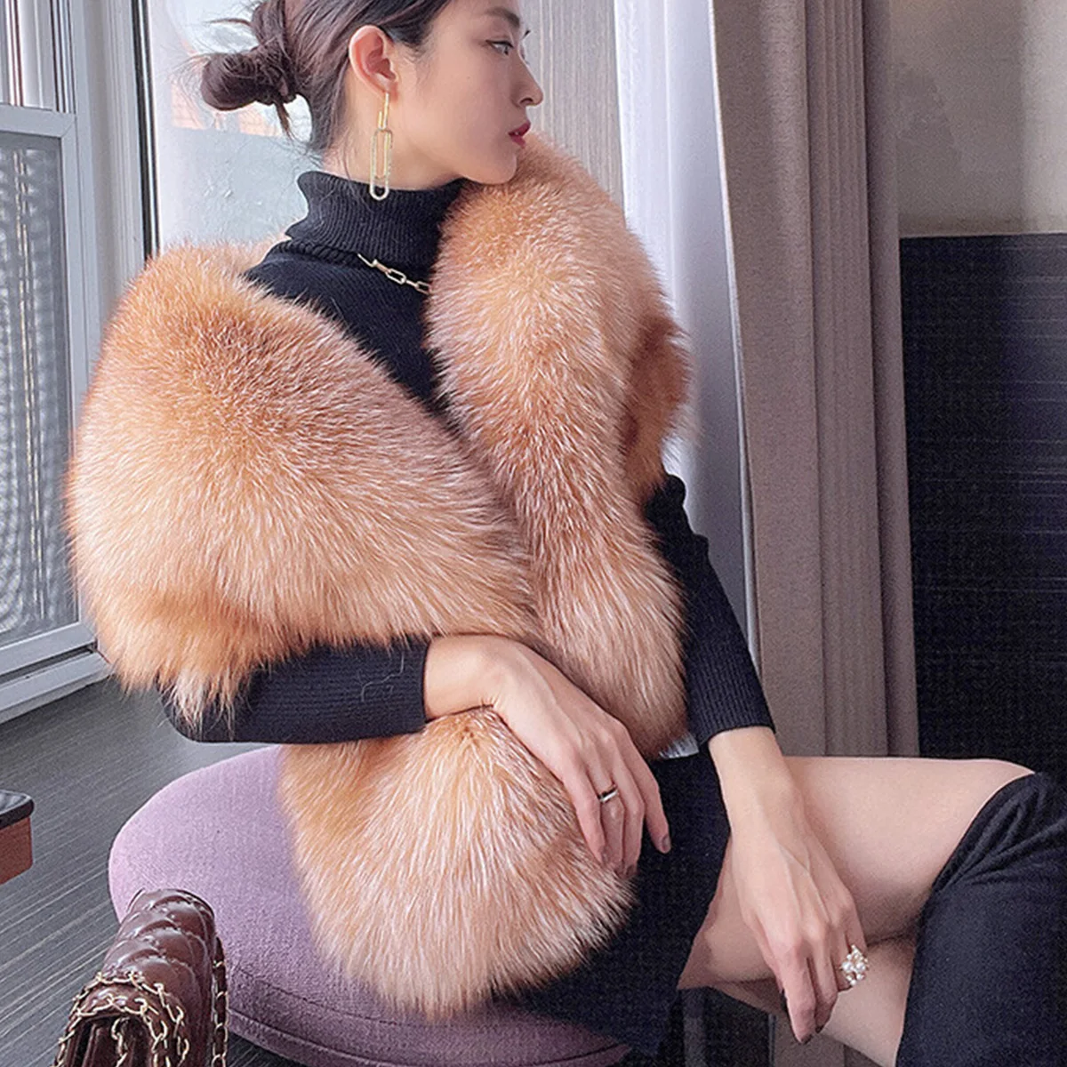 Natural Leather Fox Fur Shawl With Fox Fur Collar Women's Genuine Leather Fur Shawl New Arrival Women's Shawl