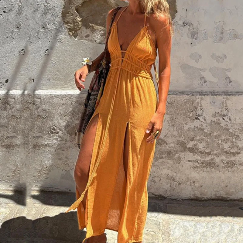 Women Sexy V Neck Tie-up Halter Dress Women Spring Solid Hollow Split Boho Long Dress Summer Sleeveless Backless Chic Maxi Dress