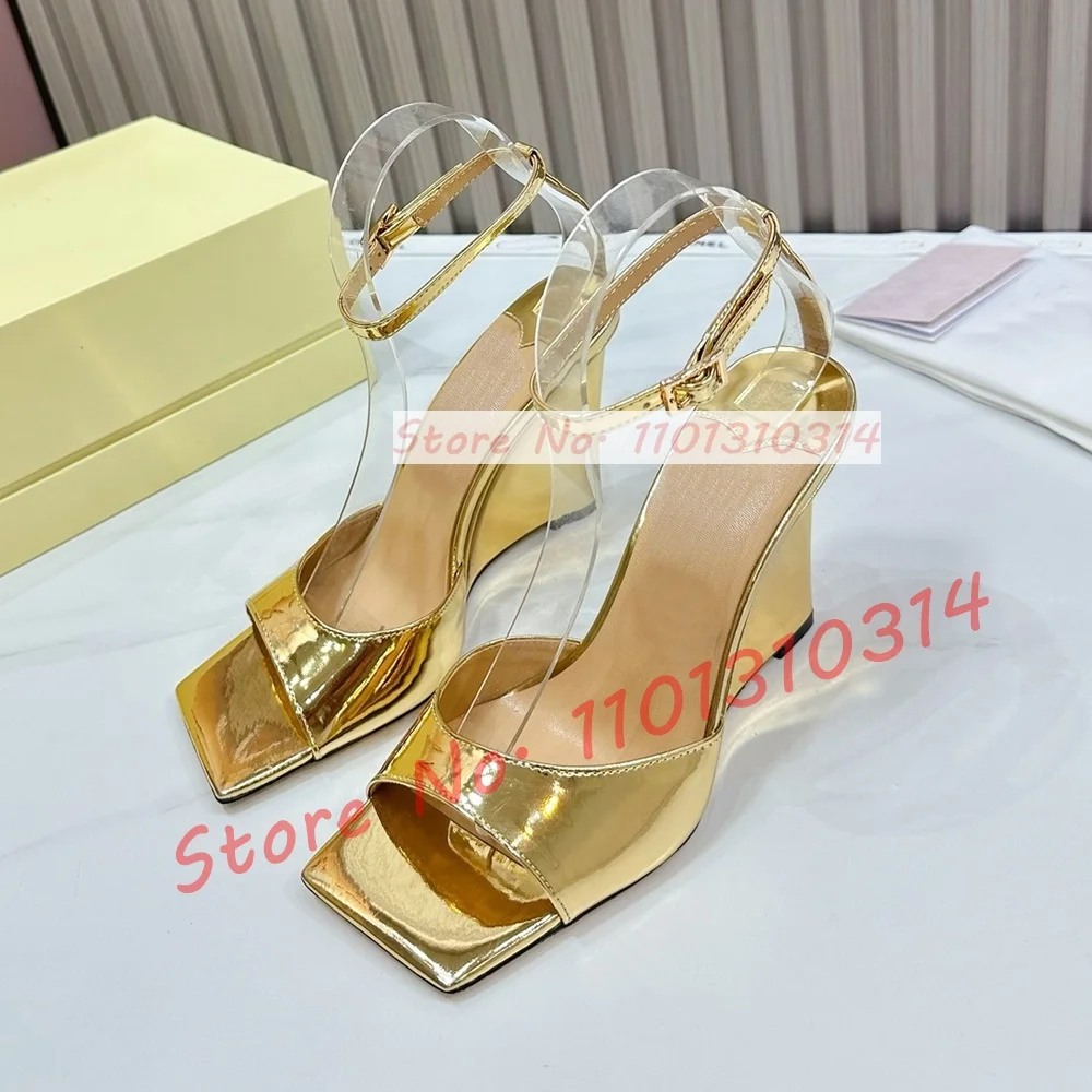 Square Toe Wedge Sandals Women Elegant Open Toe Gold Patent Leather Summer New Shoes Ladies Luxury Ankle Strap Fashion Sandals