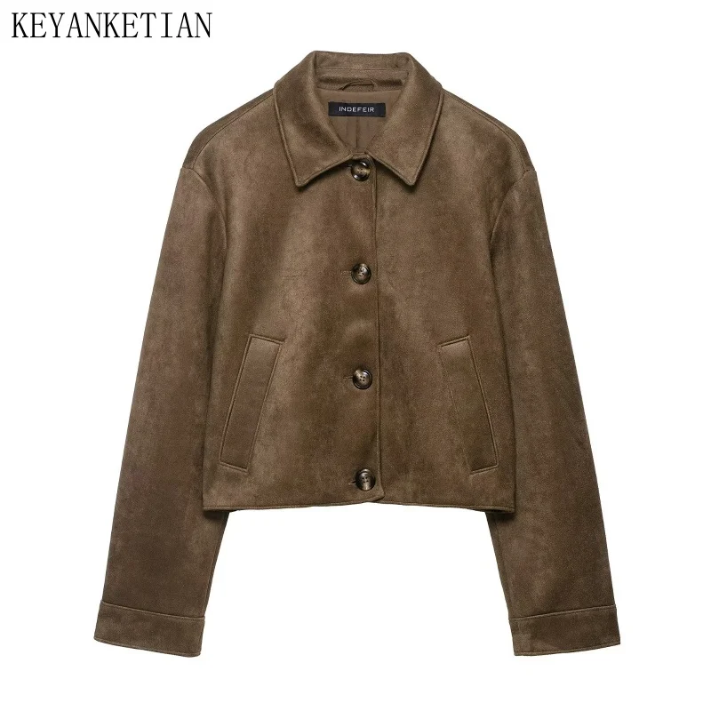 

KEYANKETIAN осенне-зимняя новая женская однобортная замшевая кожаная куртка с воротником и длинными рукавами, женское короткое пальто