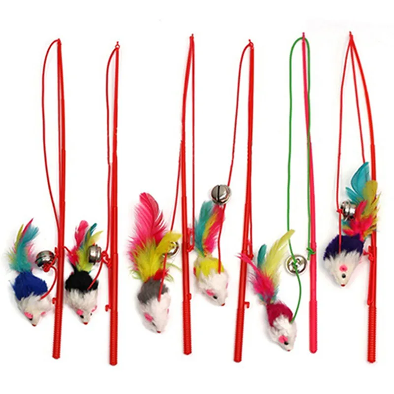 

Pet Cat Bell The Dangle Faux Mouse Feather Rod Roped Funny Fun Playing Toys Interactive Toys Scratching Cat Feather Toys