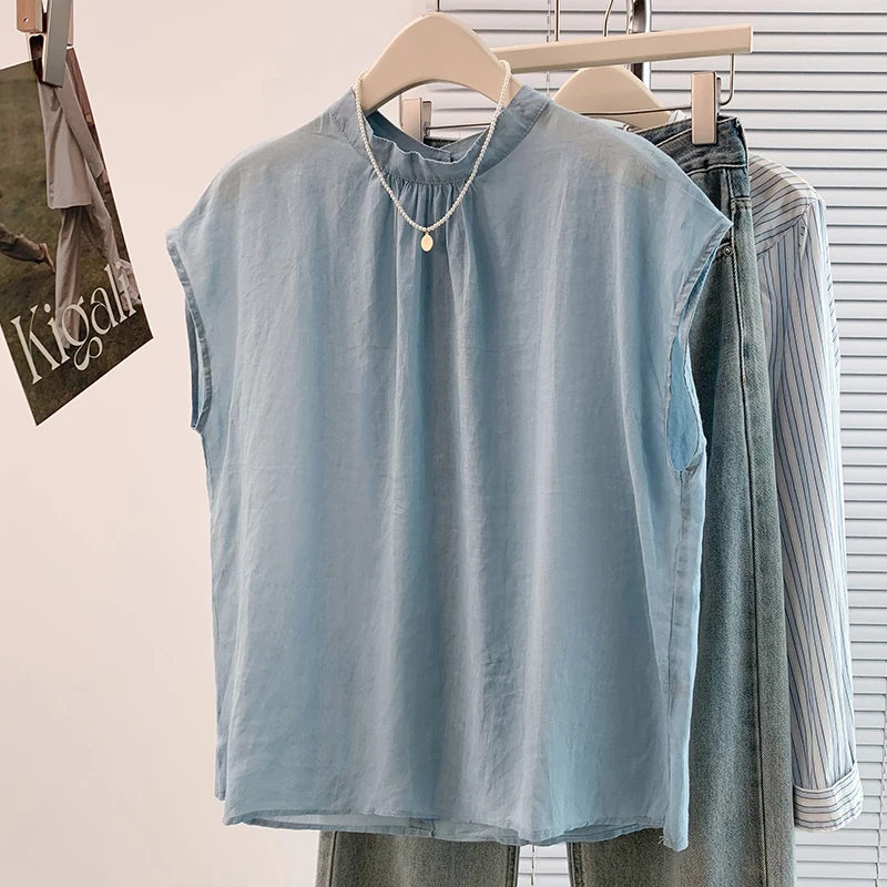 

Pure Color Blue Svel Women's T-irt Korean Sle Lightweight Luxury Cotton Linen Blend Summer irt Loose Fit