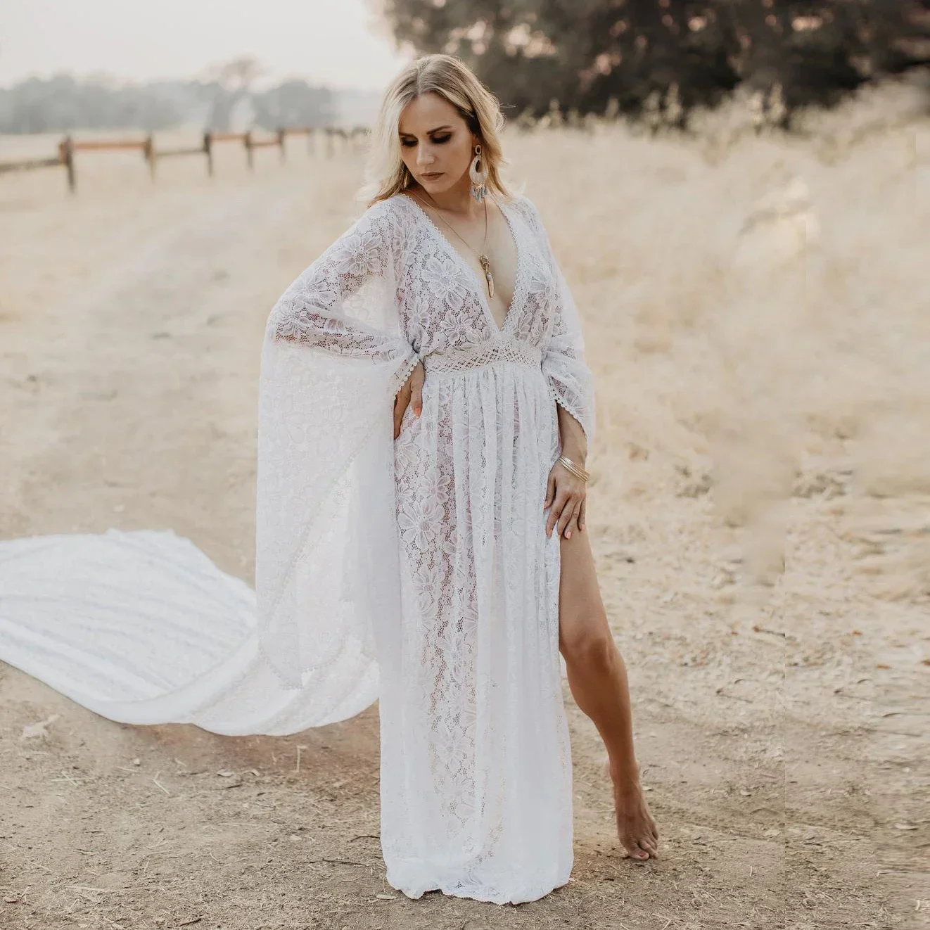 

Sexy Boho Maternity Photo Shoot Long Dresses V-neck Women Photography Props Backless White Floor Mopping Dress