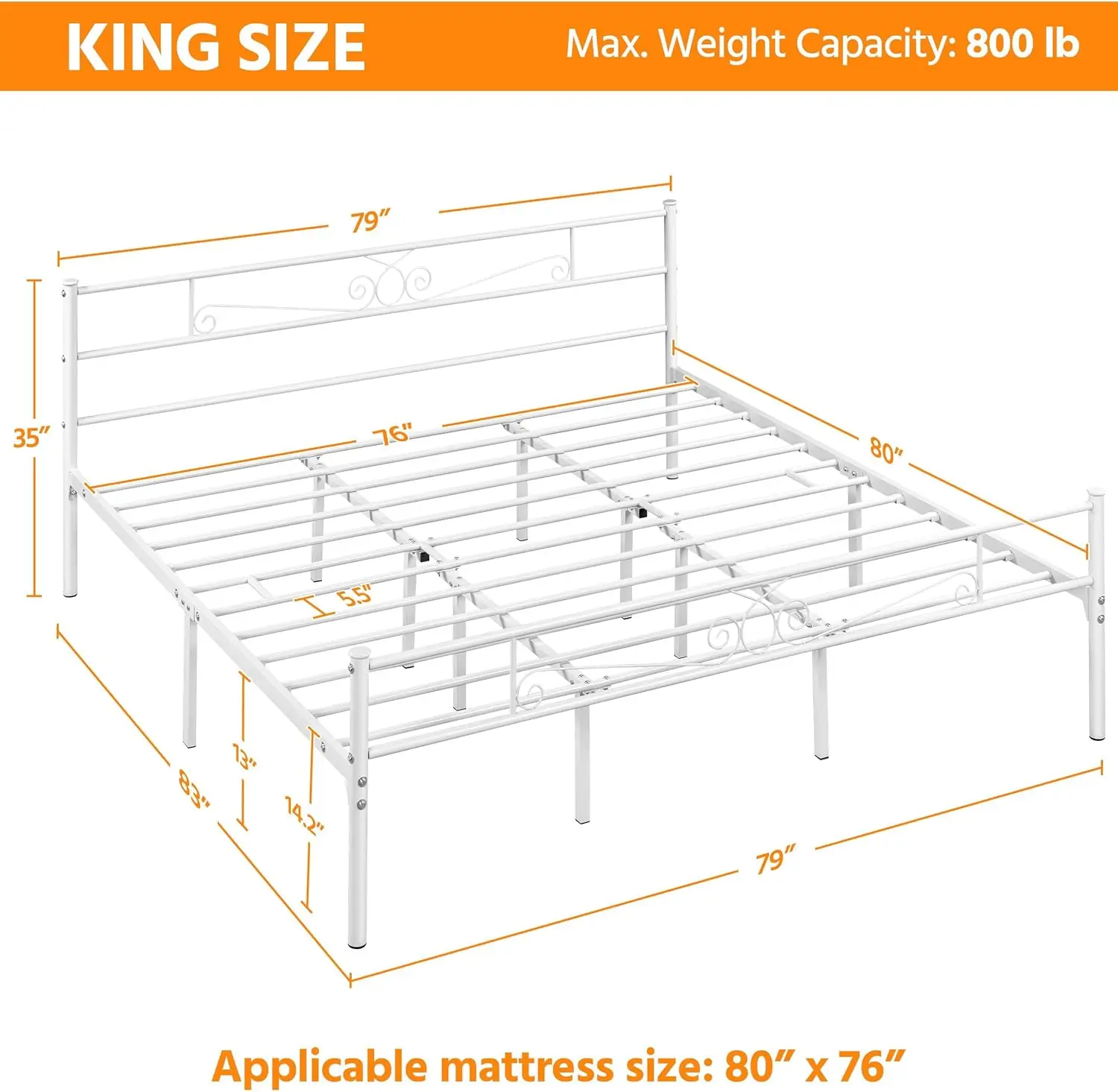 King Bed Frames Metal Graceful Scroll Platform Bed with Headboard and Footboard for Bedrooms No Box Spring Needed Easy Assembly,