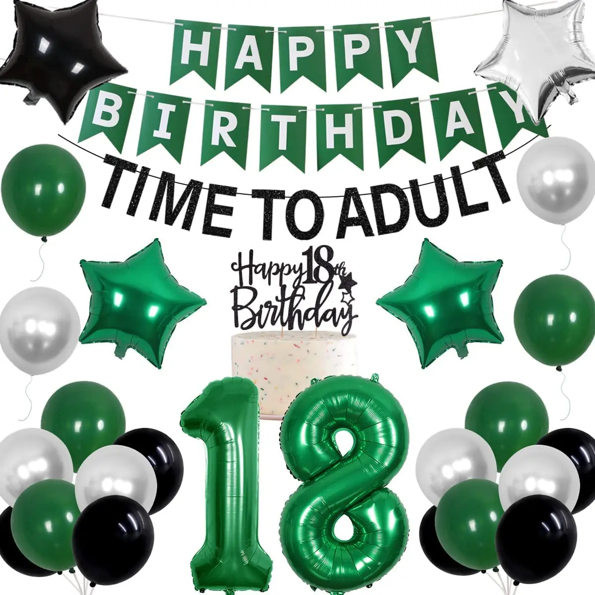 Green 18th Birthday Party Decorations Balloons Time To Adult Banner Cake Topper for Boys 18 Year Old Birthday Party Supplies