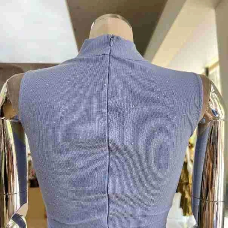 KBQ Blue Slimming Spliced Folds Chic Dresses for Women Turtleneck Sleeveless Elegnt Irregular Dress Female Summer Fashion New view 6
