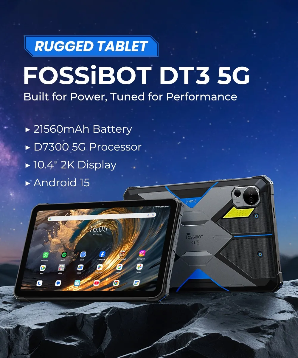 Fossibot Dt3 5g Rugged Tablet, Android 15, 10.4" Display, 12Gb Ram 256Gb Rom, Wifi 6, 66W Fast Charge, 64Mp+32Mp Camera, Nfc