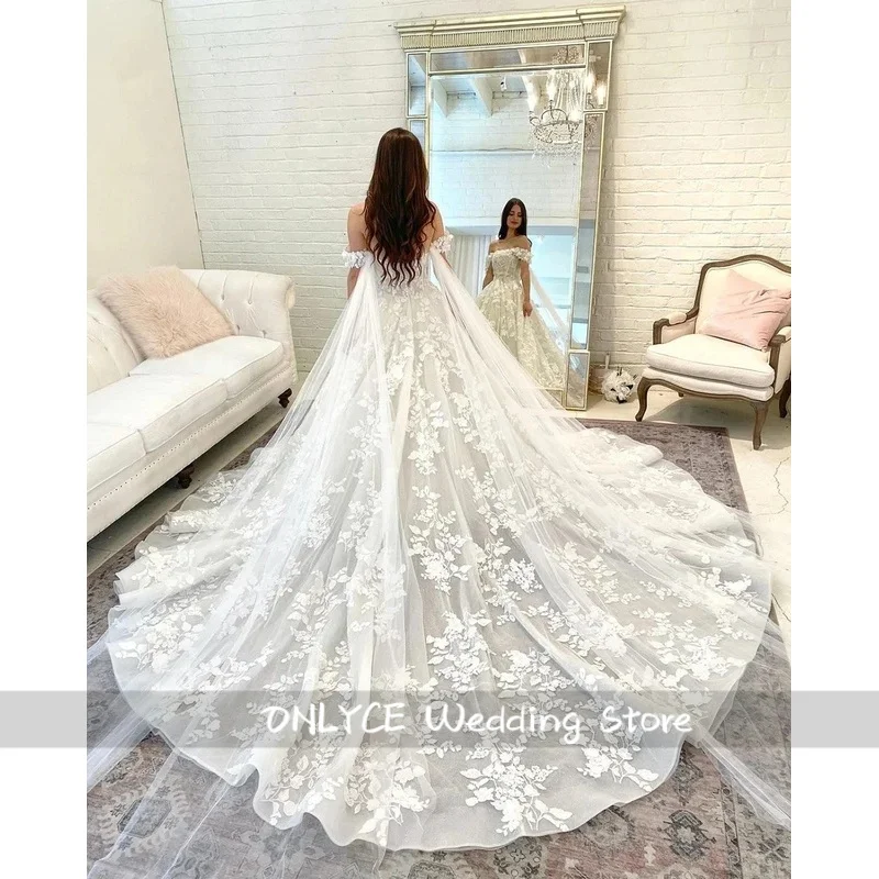 

Elegant Off Shoulder Wedding Dresses for Bride Long Lace Wedding Gowns with Train Sweetheart A-line Bridal Gowns