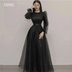 OIMG Modest Black A Line Tulle Prom Dresses Long Sleeves O-Neck Floor Length Arabic Women Formal Evening Gowns Plus Size