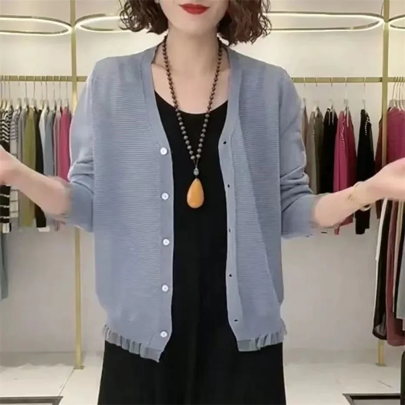 2024 Summer Thin Ice Coat Silk Small Batch Shoulder Air Conditioning Sunscreen Fashion Solid Color Knitted Cardigan Loose Top