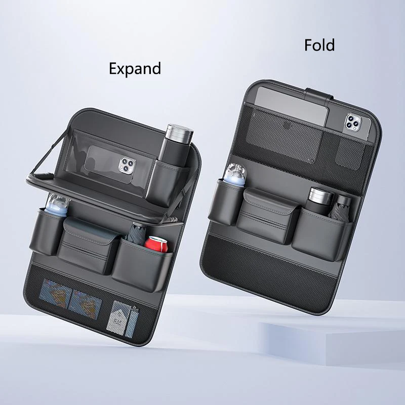 Organisateur arrière de sièges de voiture, sac de rangement spacieux en cuir PU avec plusieurs poches, couverture arrière de siège de Table pliable pour voiture noir