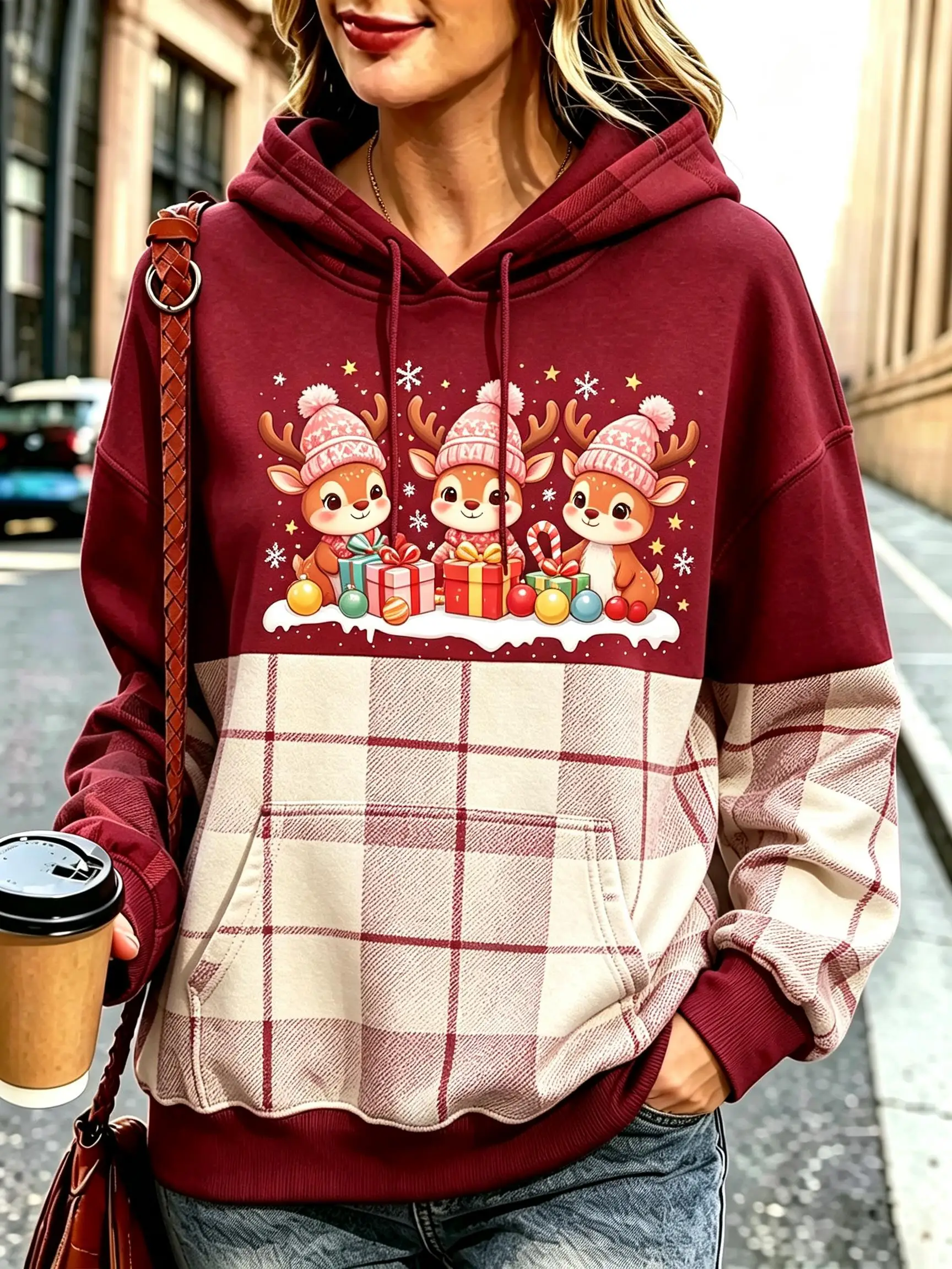 Women Color Block Plaid Spliced Christmas Animal Fleece Hoodie Warm Long Sleeve Casual Pullover Sweatshirt