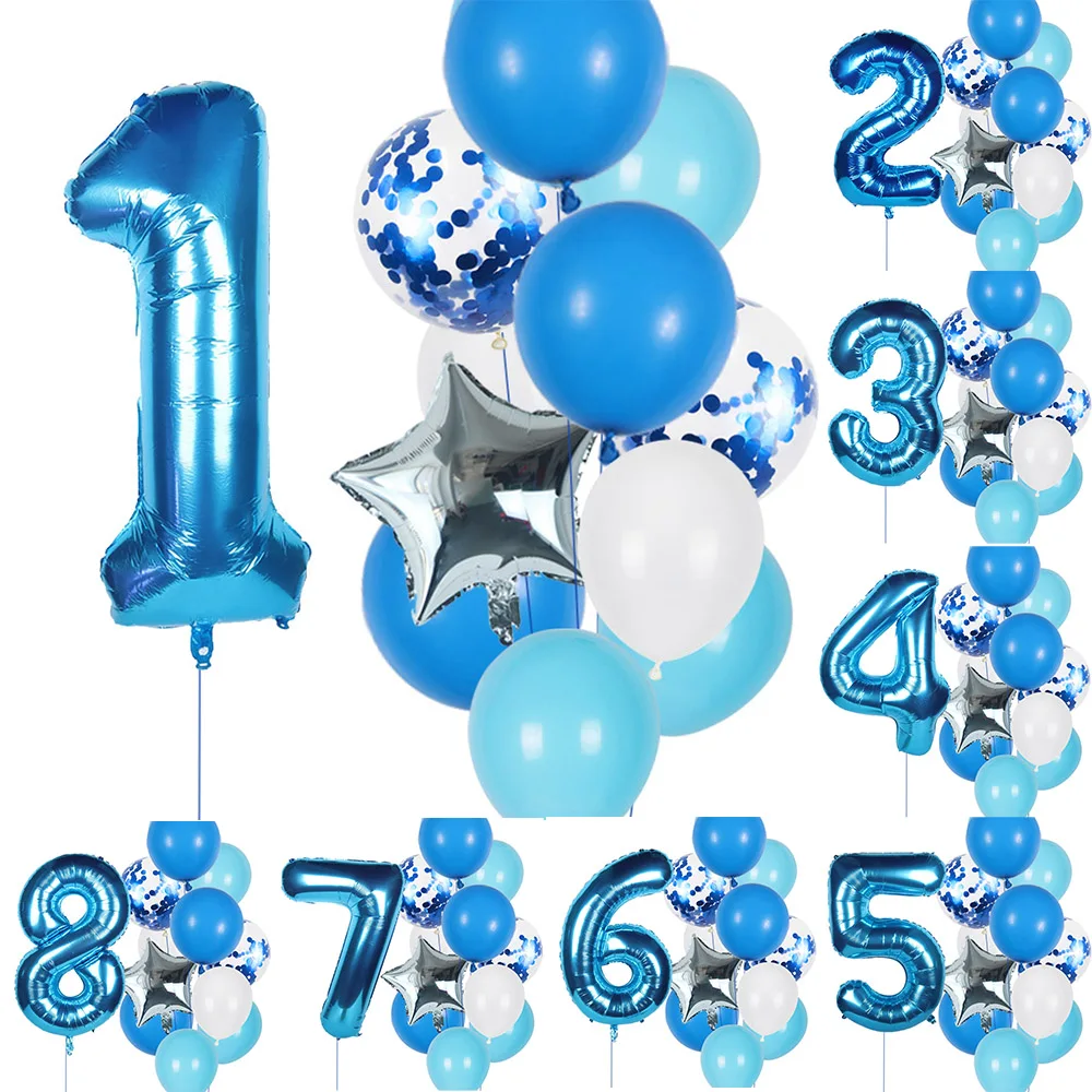 12 Stück blau-weiße Latexballons, Geburtstagsballons mit 40-Zoll-Zahlenballon für Jungen, 1, 2, 3, 4, 5, 6, 7 Jahre alt, Geburtstagsdekoration