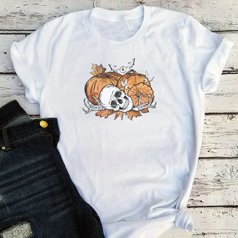 

Skull Shirt Women Pumpkin Tshirt Gothic Clothing M Graphic Tees Women Halloween Print O-Neck Clothes 2024
