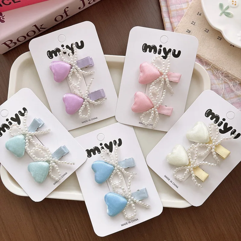 

Elegant Satin Heart Pearl Bow Hair Clip Sweet Side Bangs Barrettes for Teen Girls Versatile Forehead Holder Daily Essentials