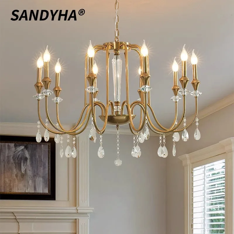 

SANDYHA French Retro Crystal Pendant Lights Candle Bulbs Chandeliers for Living Room Decoration Bedroom Study Lighting Fixtures
