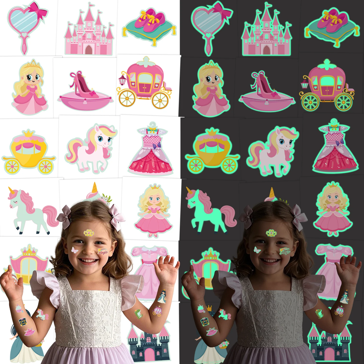Glow-in-the-Dark Little Princess Themed Temporary Tattoos, Usable as Themed Decorations, Gifts and Prizes, 12 Sheets